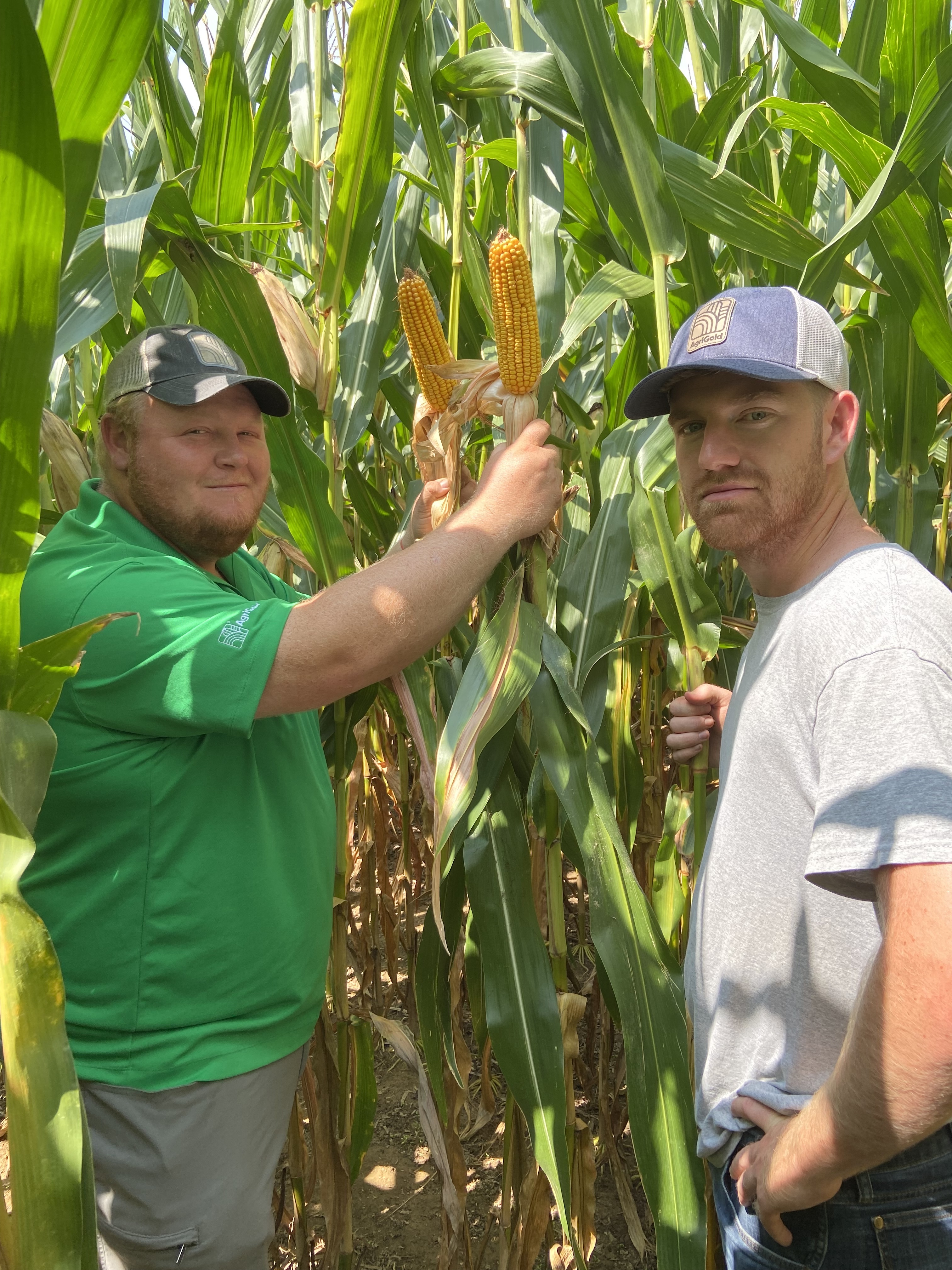 Farmer Garret Igleheart in a corn field with another farmer